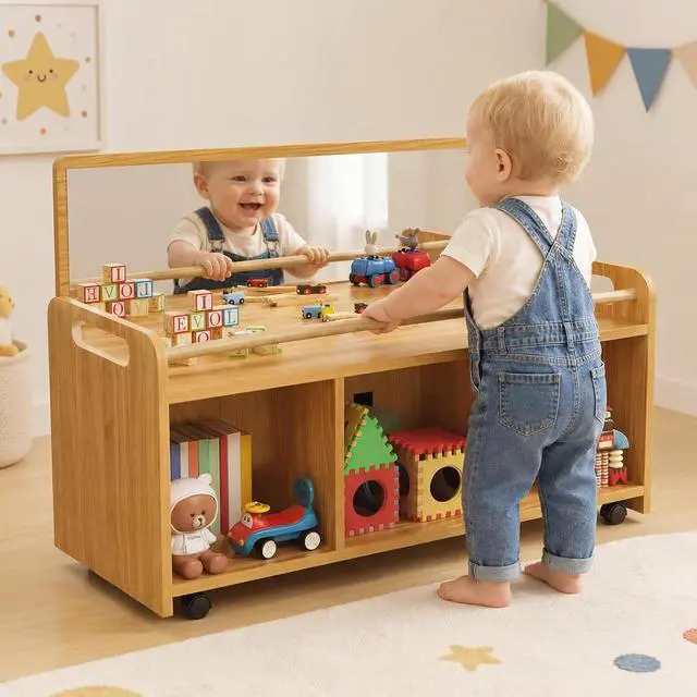 Alt view image 2 of 7 - Montessori Rolling Cabinet with Mirror, Push Handles & Lockable Casters | Flip-Up Mirror with Two Viewing Heights, 3 Open Storage Compartments, Rounded Edges, Ideal for Daycare, Classroom & Home