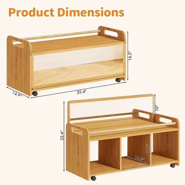 Alt view image 3 of 7 - Montessori Rolling Cabinet with Mirror, Push Handles & Lockable Casters | Flip-Up Mirror with Two Viewing Heights, 3 Open Storage Compartments, Rounded Edges, Ideal for Daycare, Classroom & Home