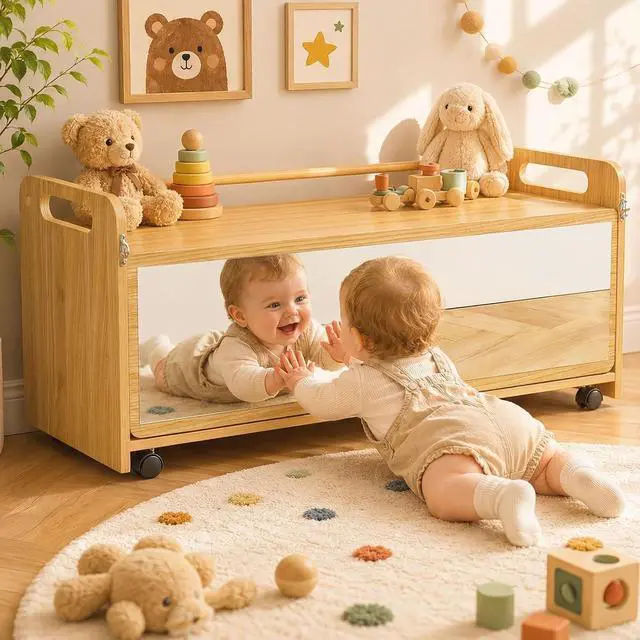 Alt view image 4 of 7 - Montessori Rolling Cabinet with Mirror, Push Handles & Lockable Casters | Flip-Up Mirror with Two Viewing Heights, 3 Open Storage Compartments, Rounded Edges, Ideal for Daycare, Classroom & Home