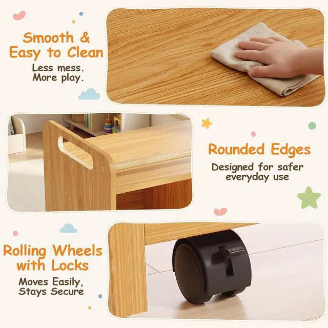 Alt view image 5 of 7 - Montessori Rolling Cabinet with Mirror, Push Handles & Lockable Casters | Flip-Up Mirror with Two Viewing Heights, 3 Open Storage Compartments, Rounded Edges, Ideal for Daycare, Classroom & Home