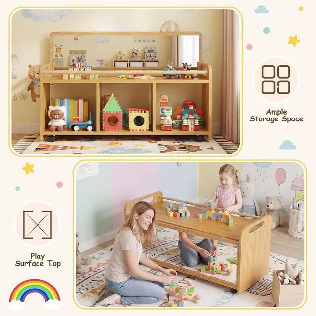 Alt view image 6 of 7 - Montessori Rolling Cabinet with Mirror, Push Handles & Lockable Casters | Flip-Up Mirror with Two Viewing Heights, 3 Open Storage Compartments, Rounded Edges, Ideal for Daycare, Classroom & Home