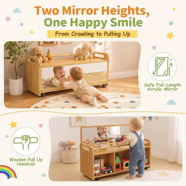 Alt view image 7 of 7 - Montessori Rolling Cabinet with Mirror, Push Handles & Lockable Casters | Flip-Up Mirror with Two Viewing Heights, 3 Open Storage Compartments, Rounded Edges, Ideal for Daycare, Classroom & Home
