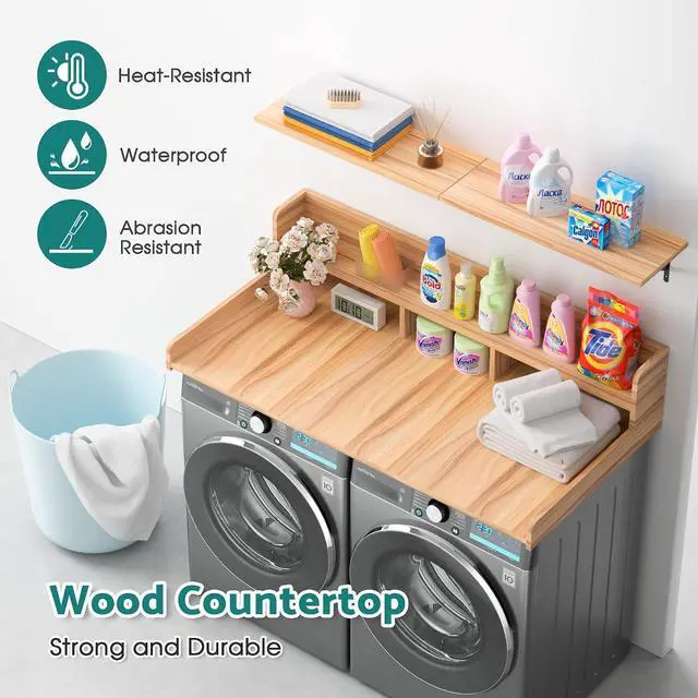 Alt view image 2 of 7 - Washer Dryer Countertop, Laundry Counter Top Over Machines, Washer Dryer Topper for Storage, 2 Tier Wood Shelf Topper with Storage Space for Small Apartment (Wood, 53.9 * 27.5 * 12)
