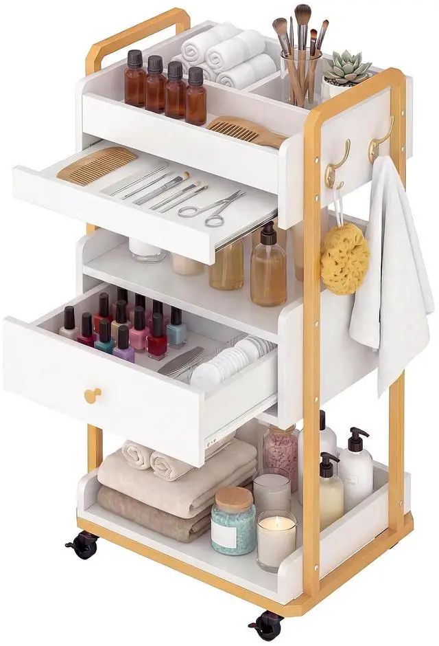 Main image of Salon Spa Cart with Wheels & Drawer, 3-Tier Rolling Beauty Storage Cart with Slide-Out Tray, Mobile Salon Cart for Esthetician, Beauty Salon and Spa Use (White)