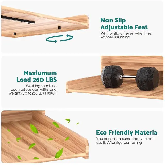 Alt view image 6 of 7 - Washer Dryer Countertop, Laundry Counter Top Over Machines, Washer Dryer Topper for Storage, 2 Tier Wood Shelf Topper with Storage Space for Small Apartment (Wood, 53.9 * 27.5 * 12)