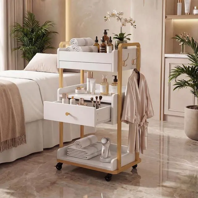 Alt view image 2 of 7 - Salon Spa Cart with Wheels & Drawer, 3-Tier Rolling Beauty Storage Cart with Slide-Out Tray, Mobile Salon Cart for Esthetician, Beauty Salon and Spa Use (White)