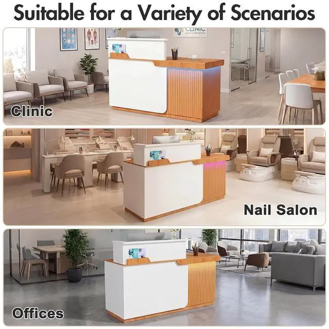 Alt view image 7 of 7 - Modern Reception Desk with LED, 63 Fluted Front Desk with Lockable Drawer, Cabinet and Sliding Tray, Large Reception Counter Table for Office Lobby Nail Salon Clinic (Red Oak)