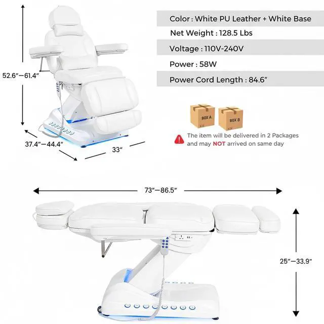 Alt view image 2 of 7 - 4-Motor Electric Massage Table with Built-in Charging Station, Dual Remote Control, Professional Spa Bed, Facial Chair for Esthetician, Salon & Medical, Adjustable Height & Angle, Rolling Base (White)