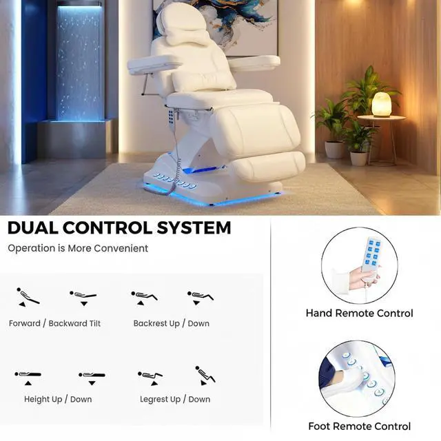 Alt view image 4 of 7 - 4-Motor Electric Massage Table with Built-in Charging Station, Dual Remote Control, Professional Spa Bed, Facial Chair for Esthetician, Salon & Medical, Adjustable Height & Angle, Rolling Base (White)