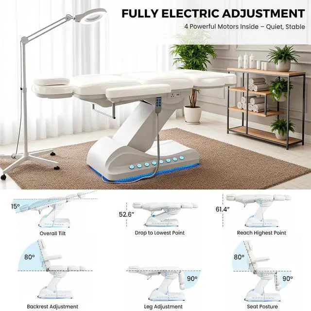 Alt view image 5 of 7 - 4-Motor Electric Massage Table with Built-in Charging Station, Dual Remote Control, Professional Spa Bed, Facial Chair for Esthetician, Salon & Medical, Adjustable Height & Angle, Rolling Base (White)