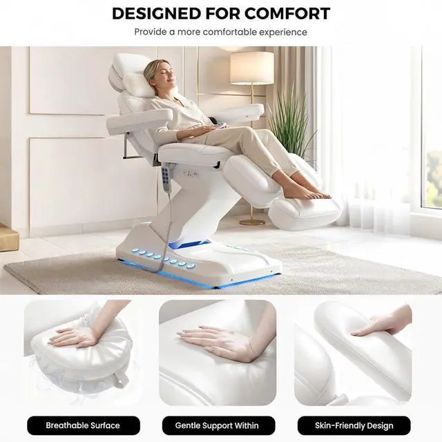 Alt view image 7 of 7 - 4-Motor Electric Massage Table with Built-in Charging Station, Dual Remote Control, Professional Spa Bed, Facial Chair for Esthetician, Salon & Medical, Adjustable Height & Angle, Rolling Base (White)