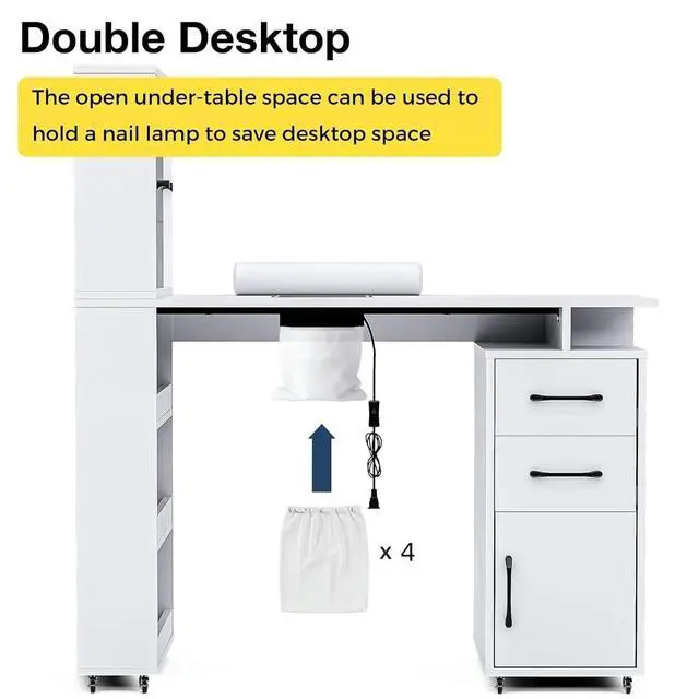 Alt view image 3 of 6 - Manicure Table Nail Desk for Nail Tech w/Glass Door Storage Cabinets & Wrist Rest, Beauty Salon Nail Supplies Decor Workstation Acetone Resistant, with Dust Collector (White)