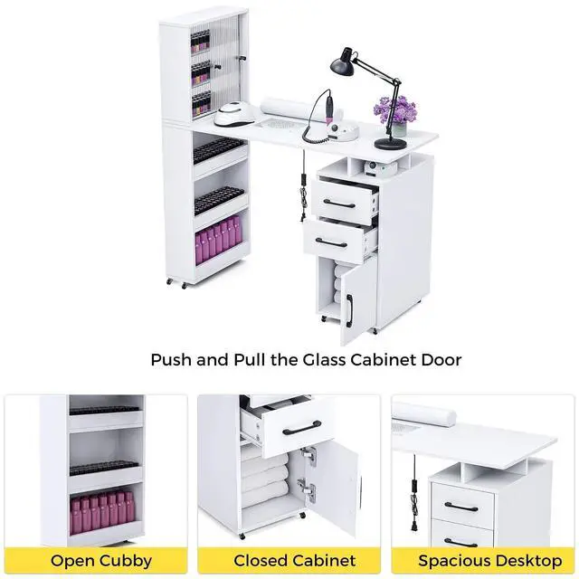 Alt view image 4 of 6 - Manicure Table Nail Desk for Nail Tech w/Glass Door Storage Cabinets & Wrist Rest, Beauty Salon Nail Supplies Decor Workstation Acetone Resistant, with Dust Collector (White)