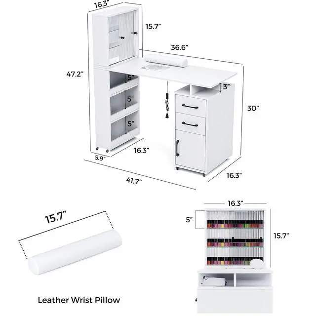 Alt view image 6 of 6 - Manicure Table Nail Desk for Nail Tech w/Glass Door Storage Cabinets & Wrist Rest, Beauty Salon Nail Supplies Decor Workstation Acetone Resistant, with Dust Collector (White)