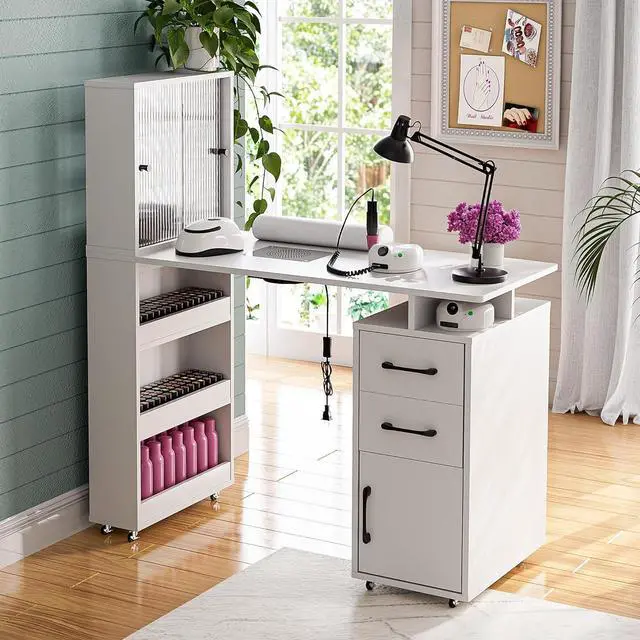 Main image of Manicure Table Nail Desk for Nail Tech w/Glass Door Storage Cabinets & Wrist Rest, Beauty Salon Nail Supplies Decor Workstation Acetone Resistant, with Dust Collector (White)