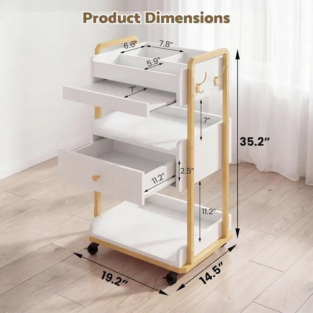 Alt view image 3 of 7 - Salon Spa Cart with Wheels & Drawer, 3-Tier Rolling Beauty Storage Cart with Slide-Out Tray, Mobile Salon Cart for Esthetician, Beauty Salon and Spa Use (White)