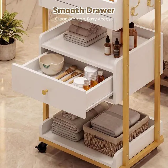 Alt view image 6 of 7 - Salon Spa Cart with Wheels & Drawer, 3-Tier Rolling Beauty Storage Cart with Slide-Out Tray, Mobile Salon Cart for Esthetician, Beauty Salon and Spa Use (White)