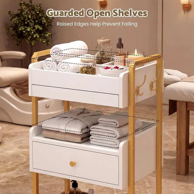Alt view image 7 of 7 - Salon Spa Cart with Wheels & Drawer, 3-Tier Rolling Beauty Storage Cart with Slide-Out Tray, Mobile Salon Cart for Esthetician, Beauty Salon and Spa Use (White)