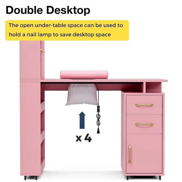 Alt view image 3 of 7 - Manicure Table Nail Desk for Nail Tech w/Glass Door Storage Cabinets & Wrist Rest, Beauty Salon Nail Supplies Decor Workstation Acetone Resistant, with Dust Collector (Pink)