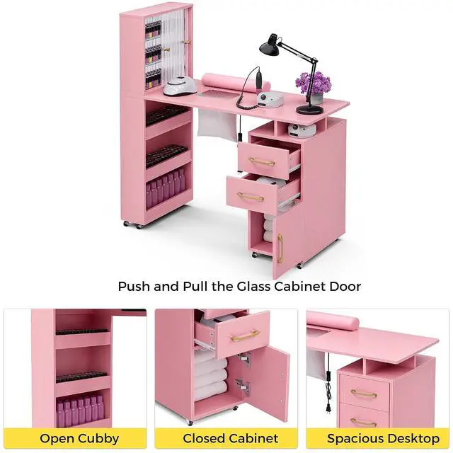 Alt view image 4 of 7 - Manicure Table Nail Desk for Nail Tech w/Glass Door Storage Cabinets & Wrist Rest, Beauty Salon Nail Supplies Decor Workstation Acetone Resistant, with Dust Collector (Pink)