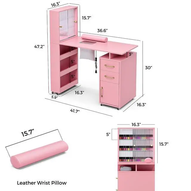 Alt view image 6 of 7 - Manicure Table Nail Desk for Nail Tech w/Glass Door Storage Cabinets & Wrist Rest, Beauty Salon Nail Supplies Decor Workstation Acetone Resistant, with Dust Collector (Pink)