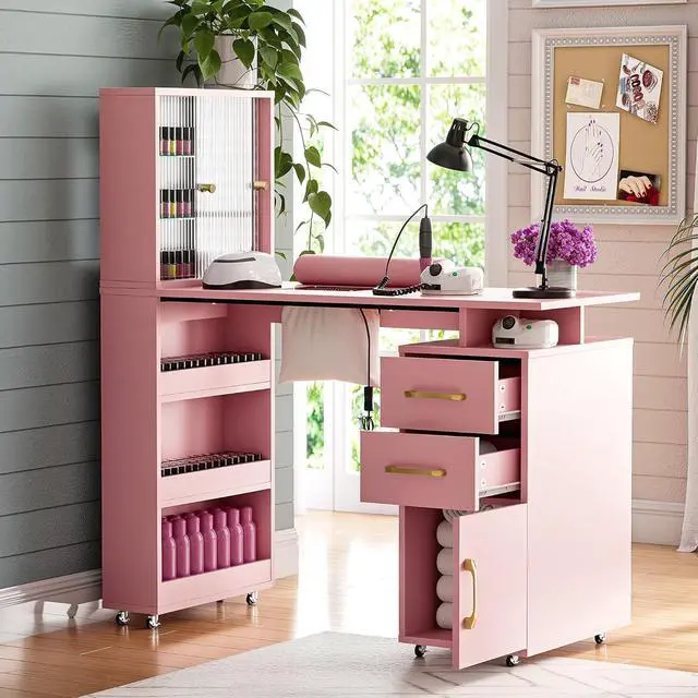 Alt view image 7 of 7 - Manicure Table Nail Desk for Nail Tech w/Glass Door Storage Cabinets & Wrist Rest, Beauty Salon Nail Supplies Decor Workstation Acetone Resistant, with Dust Collector (Pink)