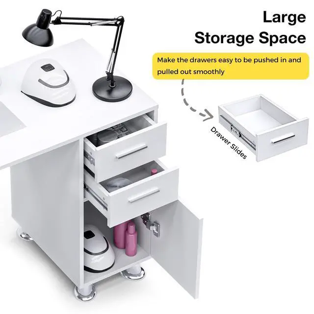 Alt view image 5 of 7 - Manicure Table Nail Desk with Dust Collector & Storage (White) | Drawers, Cabinets, Shelves, Wrist Rest & 4 Dust Bags Included, Professional Nail Station for Beauty, Salon & Home