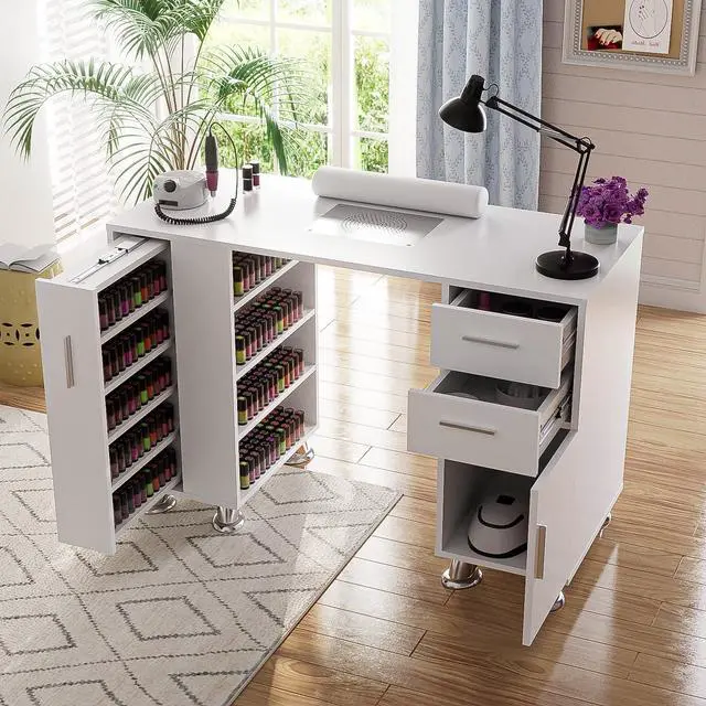 Alt view image 3 of 7 - Manicure Table Nail Desk with Dust Collector & Storage (White) | Drawers, Cabinets, Shelves, Wrist Rest & 4 Dust Bags Included, Professional Nail Station for Beauty, Salon & Home