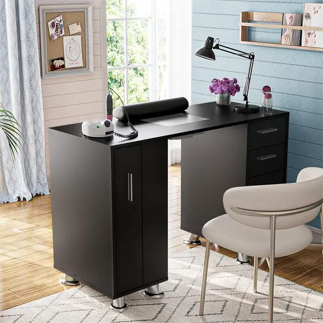 Alt view image 3 of 7 - Manicure Table Nail Desk with Dust Collector & Storage (Black) | Drawers, Cabinets, Shelves, Wrist Rest & 4 Dust Bags Included, Professional Nail Station for Beauty, Salon & Home