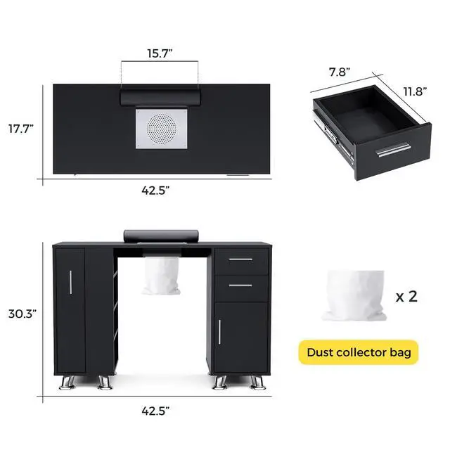 Alt view image 2 of 7 - Manicure Table Nail Desk with Dust Collector & Storage (Black) | Drawers, Cabinets, Shelves, Wrist Rest & 4 Dust Bags Included, Professional Nail Station for Beauty, Salon & Home