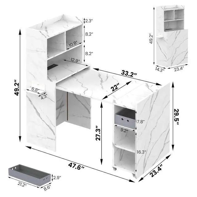 Alt view image 2 of 7 - Foldable Manicure Table Nail Desk, Extendable Nail Tech Table with Storage Shelves & a Fabric Drawer, Wall Mount Nail Station Modern Multipurpose Table Home Office Beauty Spa Salon, White Marble
