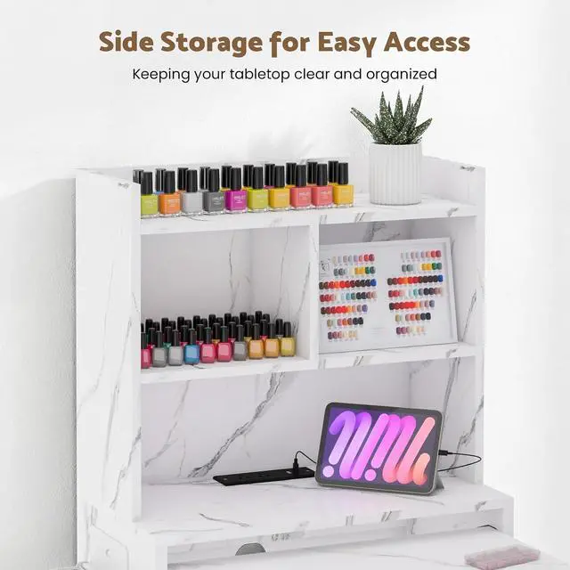 Alt view image 3 of 7 - Foldable Manicure Table Nail Desk, Extendable Nail Tech Table with Storage Shelves & a Fabric Drawer, Wall Mount Nail Station Modern Multipurpose Table Home Office Beauty Spa Salon, White Marble