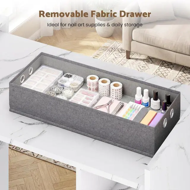 Alt view image 5 of 7 - Foldable Manicure Table Nail Desk, Extendable Nail Tech Table with Storage Shelves & a Fabric Drawer, Wall Mount Nail Station Modern Multipurpose Table Home Office Beauty Spa Salon, White Marble