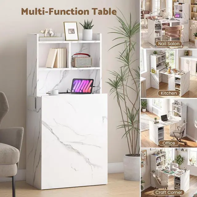 Alt view image 7 of 7 - Foldable Manicure Table Nail Desk, Extendable Nail Tech Table with Storage Shelves & a Fabric Drawer, Wall Mount Nail Station Modern Multipurpose Table Home Office Beauty Spa Salon, White Marble
