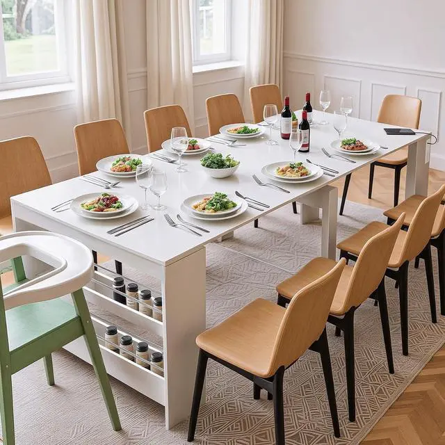 Main image of 118.2" Modern Extendable Dining Table for 2 to 12 People with Outlet, Space Saving Expanding Table with Storage for Party, Weddings, Meetings, Celebrations (White)