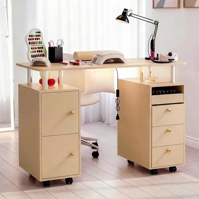 Alt view image 2 of 7 - Nail Desk for Nail Tech w/Electric Dust Collector, Rolling Manicure Table w/ Lockable Wheels, Storage Drawers, Wrist Cushion, Acetone Resistant, for Beauty Salon Workstation (Champagne+Gold Handle)