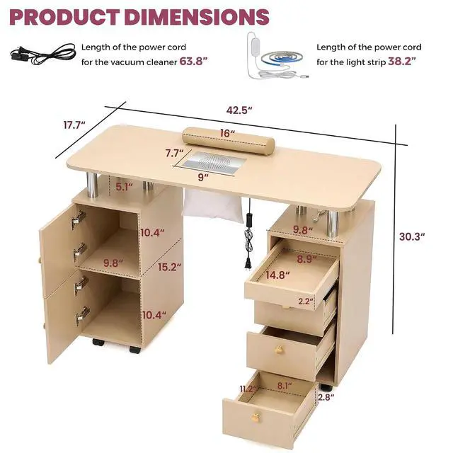 Alt view image 3 of 7 - Nail Desk for Nail Tech w/Electric Dust Collector, Rolling Manicure Table w/ Lockable Wheels, Storage Drawers, Wrist Cushion, Acetone Resistant, for Beauty Salon Workstation (Champagne+Gold Handle)
