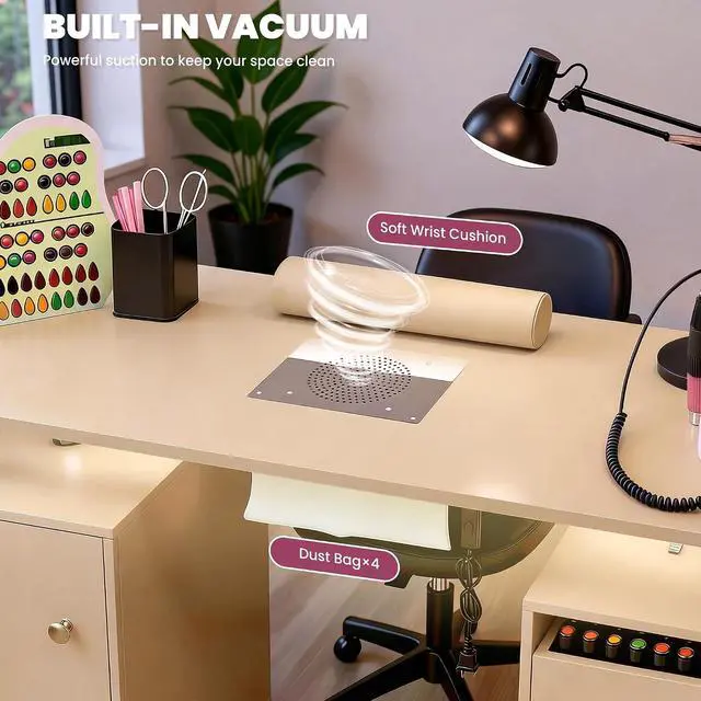 Alt view image 4 of 7 - Nail Desk for Nail Tech w/Electric Dust Collector, Rolling Manicure Table w/ Lockable Wheels, Storage Drawers, Wrist Cushion, Acetone Resistant, for Beauty Salon Workstation (Champagne+Gold Handle)