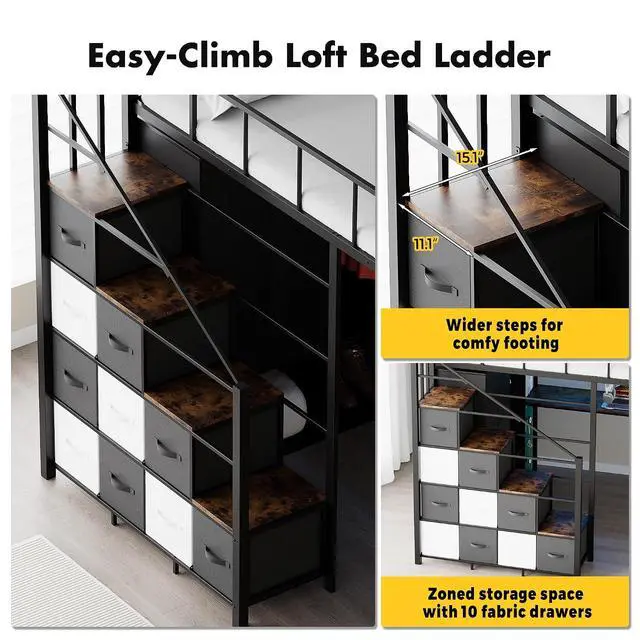 Alt view image 5 of 7 - Full Size Loft Bed with Desk, Stairs & LED Light, Metal Gaming Loft Bed Frame with Headboard, Safety Guardrails, Charging Station, Closet & Fabric Drawers, Space Saving, Black & Burnt Wood