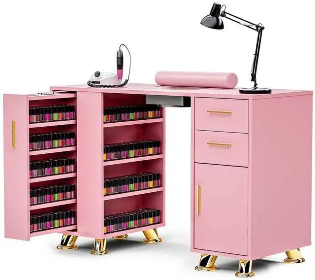Main image of Manicure Table Nail Desk with Dust Collector & Storage (Pink) | Drawers, Cabinets, Shelves, Wrist Rest & 4 Dust Bags Included, Professional Nail Station for Beauty, Salon & Home