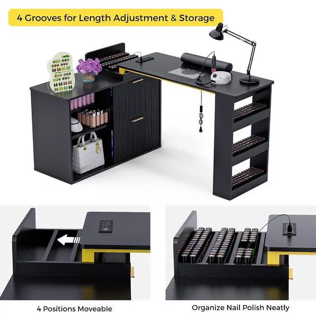 Alt view image 5 of 7 - Manicure Table with LED Light, L-Shaped Nail Tech Table w/ Dust Collector & Power Outlets, Corner Nail Station Length Adjustable Nail Desk w/ Sliding Cabinet Door for Home Spa Beauty Salon, Black