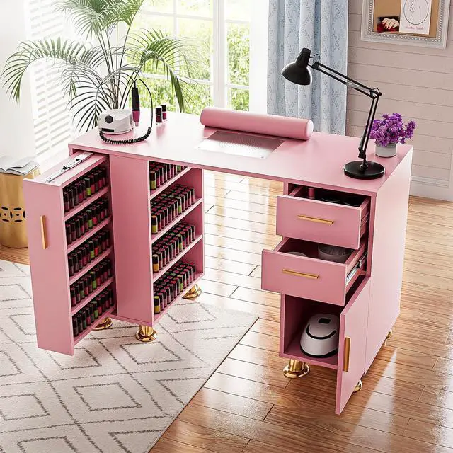 Alt view image 6 of 7 - Manicure Table Nail Desk with Dust Collector & Storage (Pink) | Drawers, Cabinets, Shelves, Wrist Rest & 4 Dust Bags Included, Professional Nail Station for Beauty, Salon & Home