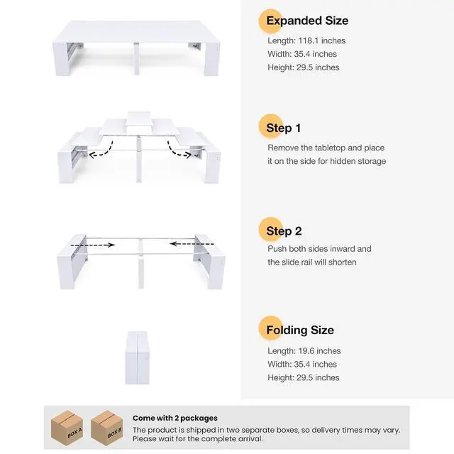Alt view image 2 of 7 - 118.2" Modern Extendable Dining Table for 2 to 12 People with Outlet, Space Saving Expanding Table with Storage for Party, Weddings, Meetings, Celebrations (White)