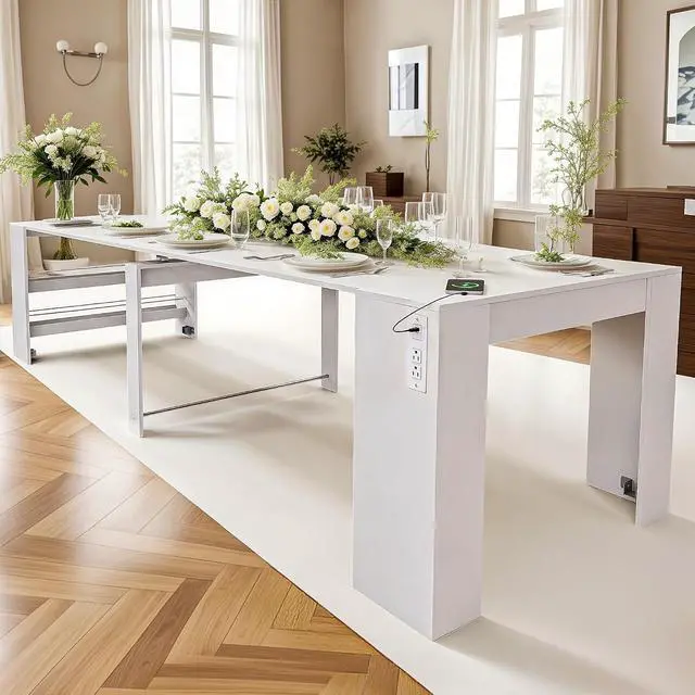 Alt view image 5 of 7 - 118.2" Modern Extendable Dining Table for 2 to 12 People with Outlet, Space Saving Expanding Table with Storage for Party, Weddings, Meetings, Celebrations (White)