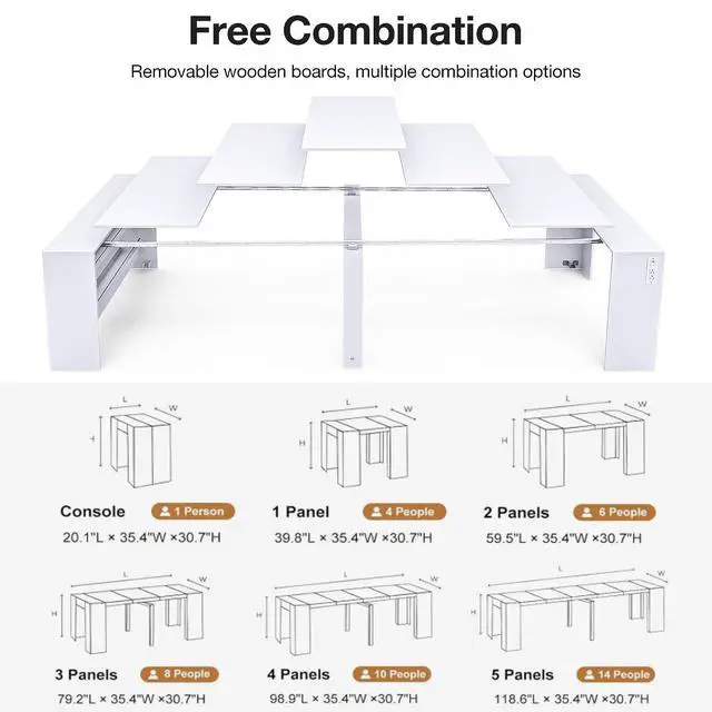 Alt view image 7 of 7 - 118.2" Modern Extendable Dining Table for 2 to 12 People with Outlet, Space Saving Expanding Table with Storage for Party, Weddings, Meetings, Celebrations (White)