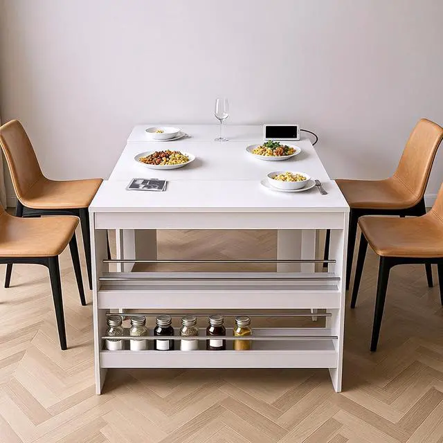 Alt view image 6 of 7 - 118.2" Modern Extendable Dining Table for 2 to 12 People with Outlet, Space Saving Expanding Table with Storage for Party, Weddings, Meetings, Celebrations (White)