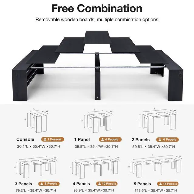 Alt view image 3 of 7 - 19.6"-118.1" Modern Extendable Dining Table with Built-in Outlet | Expandable Dining Space for 2-12 People, Space-Saving Design, for Parties, Weddings & Meetings