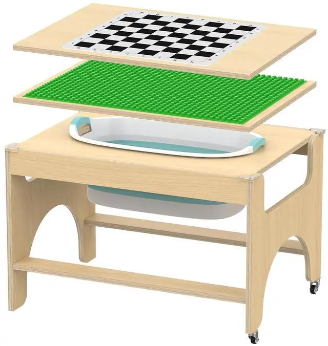 Main image of 5 in 1 Kids Wooden Activity Table, Building & Activity Sensory Table | Checkerboard Panel, Building Block Board, Sand & Water Tub, Wooden Drawing & Study Top, Double-Layer Storage, Rolling Casters