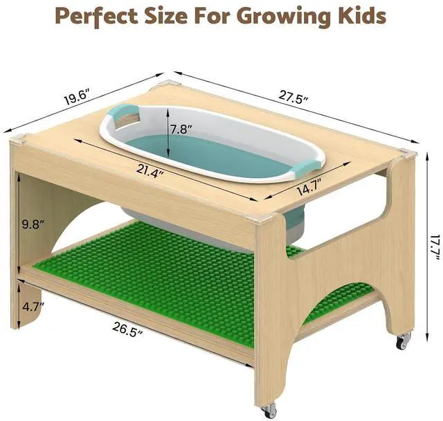 Alt view image 3 of 7 - 5 in 1 Kids Wooden Activity Table, Building & Activity Sensory Table | Checkerboard Panel, Building Block Board, Sand & Water Tub, Wooden Drawing & Study Top, Double-Layer Storage, Rolling Casters