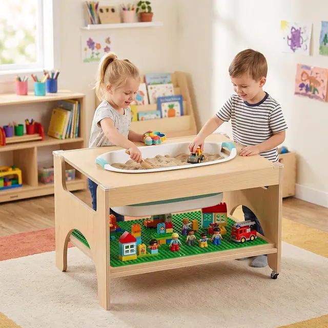 Alt view image 2 of 7 - 5 in 1 Kids Wooden Activity Table, Building & Activity Sensory Table | Checkerboard Panel, Building Block Board, Sand & Water Tub, Wooden Drawing & Study Top, Double-Layer Storage, Rolling Casters